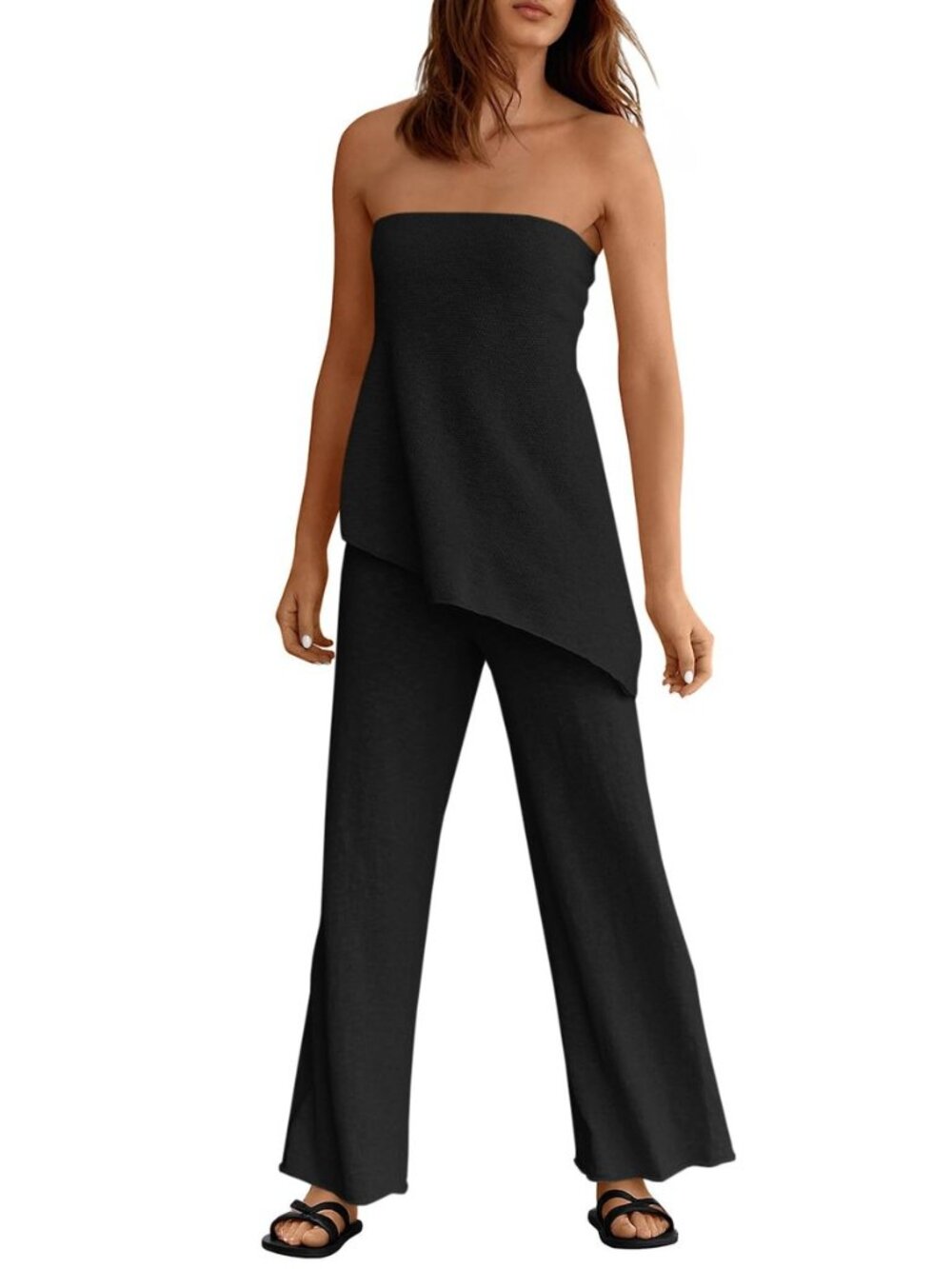Womens 2 Piece Outfits Asymmetrical Tube Top Wide Leg Pants Knit Vacation Travel